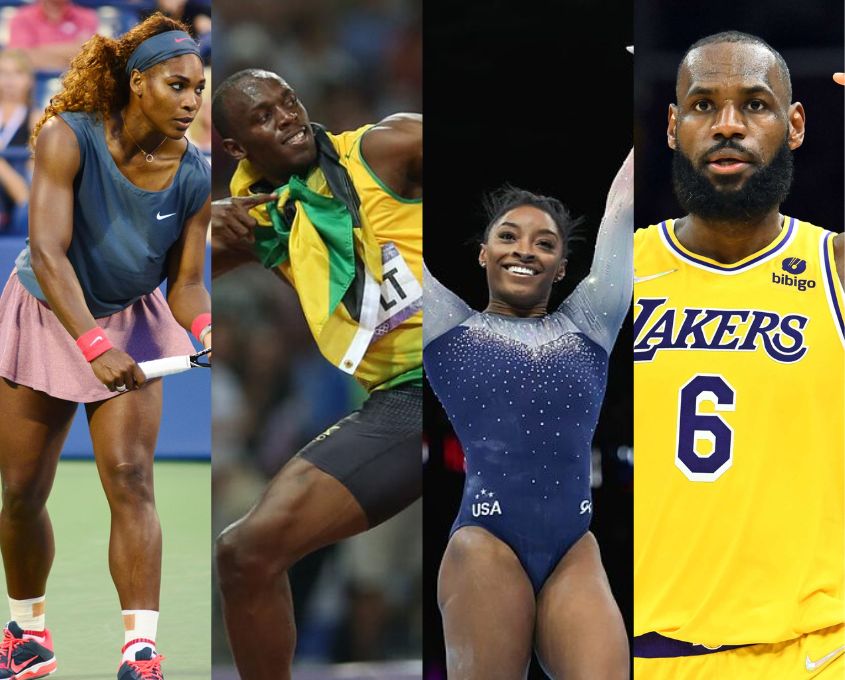 serena williams, usain bolt, simone biles y lebron james.